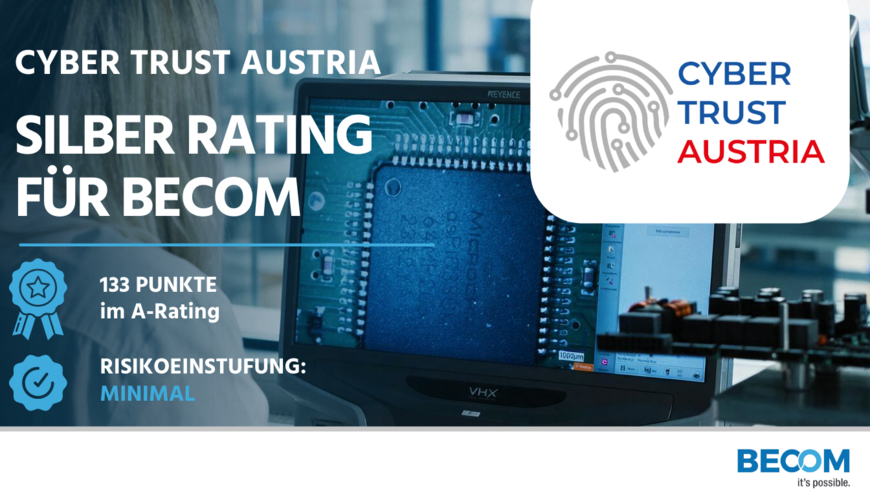 Cyber Trust Austria: Silber Rating für BECOM, 133 Punkte im A-Rating, Risikoeinstufung Minimal